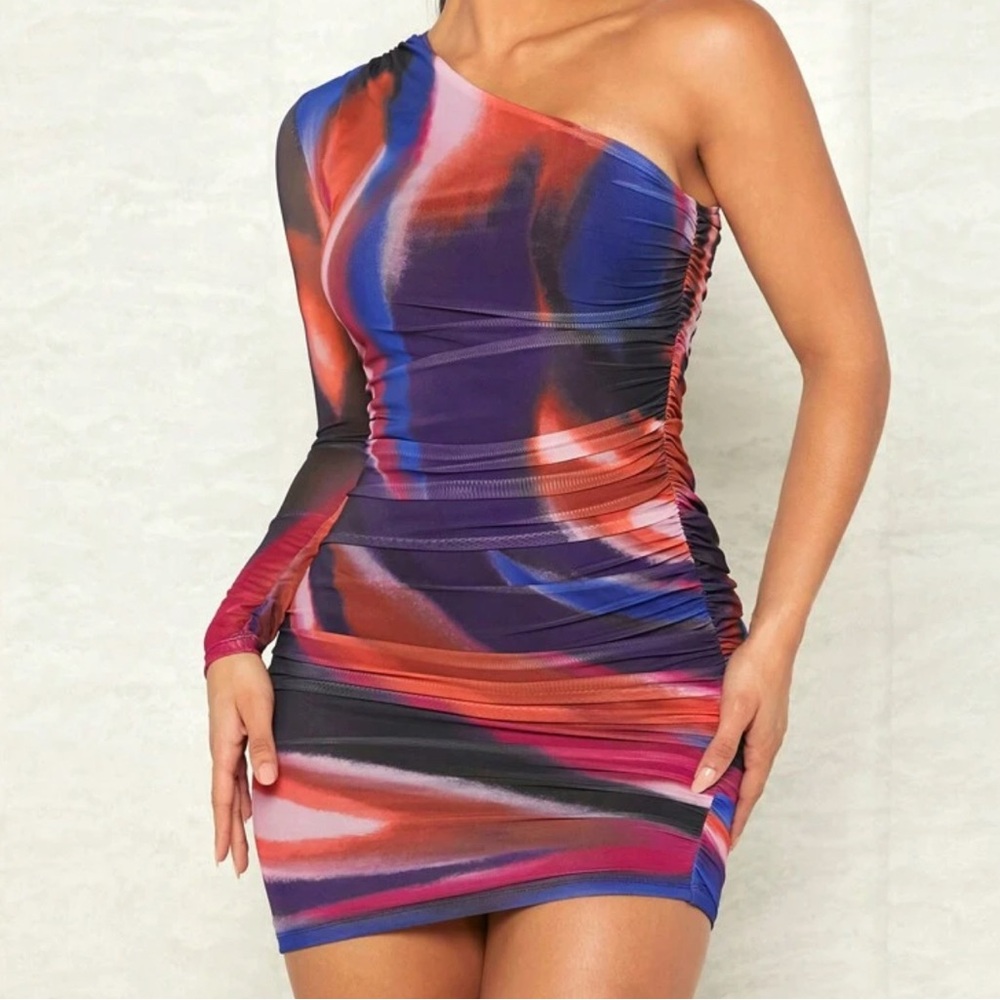 SHEIN BAE Tie Dye One Shoulder Ruched Bodycon Dress